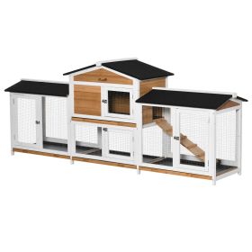 PawHut 90.5" Wooden Rabbit Hutch Bunny Cage, Small Animals House with Double Side Run Boxes, for Guinea Pig and Small Animals, White