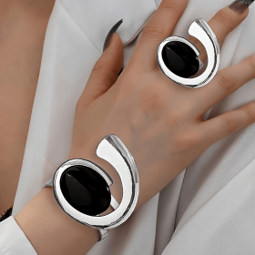 Lxalry Platinum Gothic Jewelry Set, Black Diamond Accent Bracelet & Ring Duo, Handmade Electroplated Iron for Everyday Edge & Dark Glam Nights (Color: Silver)